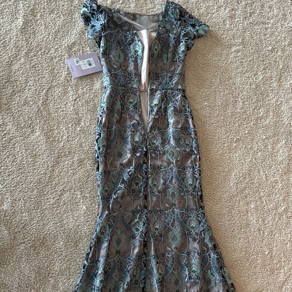 JS Collections brocade illusion over taupe satin gown. Lavender, aqua, teal. - Picture 11 of 13